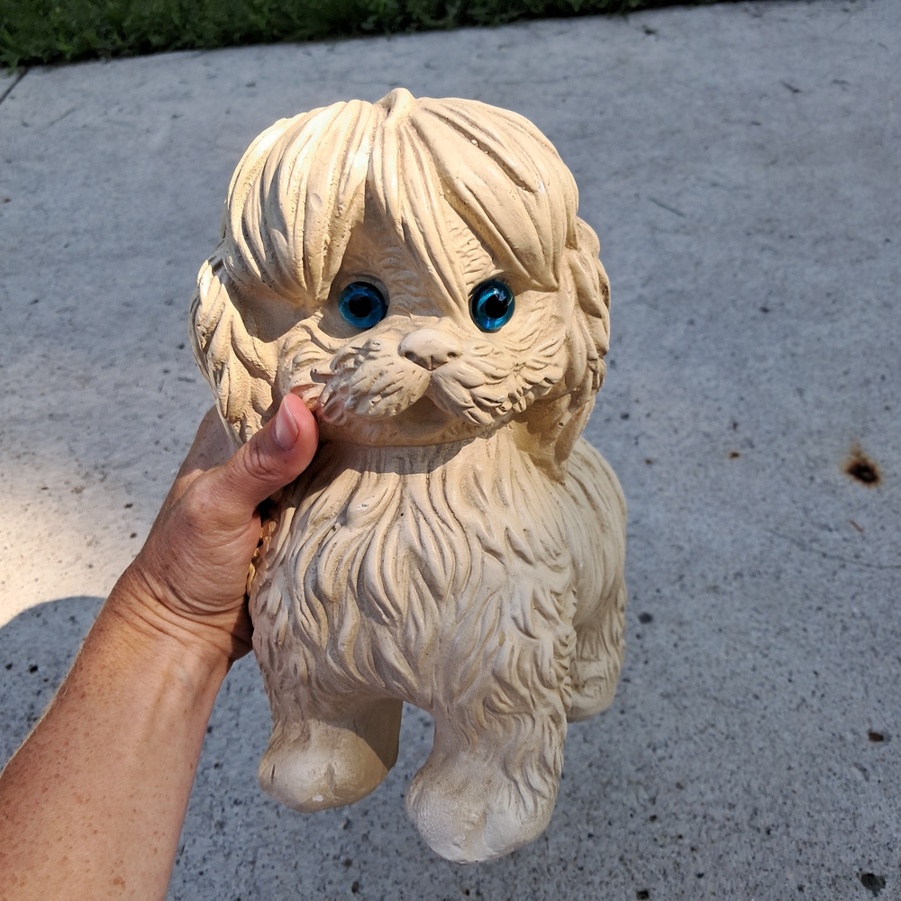 Vintage Concrete/Ceramic Fluffy Dog Statue with Blue Glass Eyes - Marked MEXICO